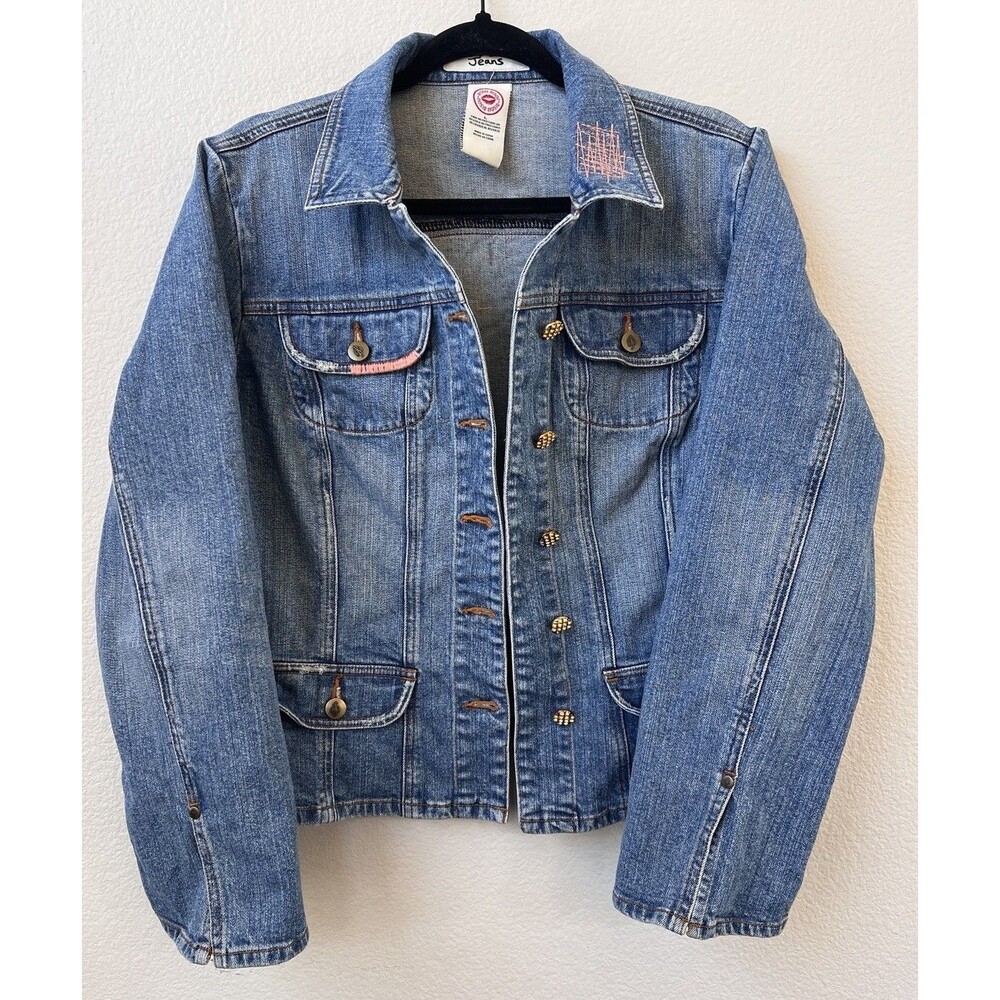 Vintage Bisou Bisou Embellished Jean Jacket Brocade Beaded Back Patch Women’s L